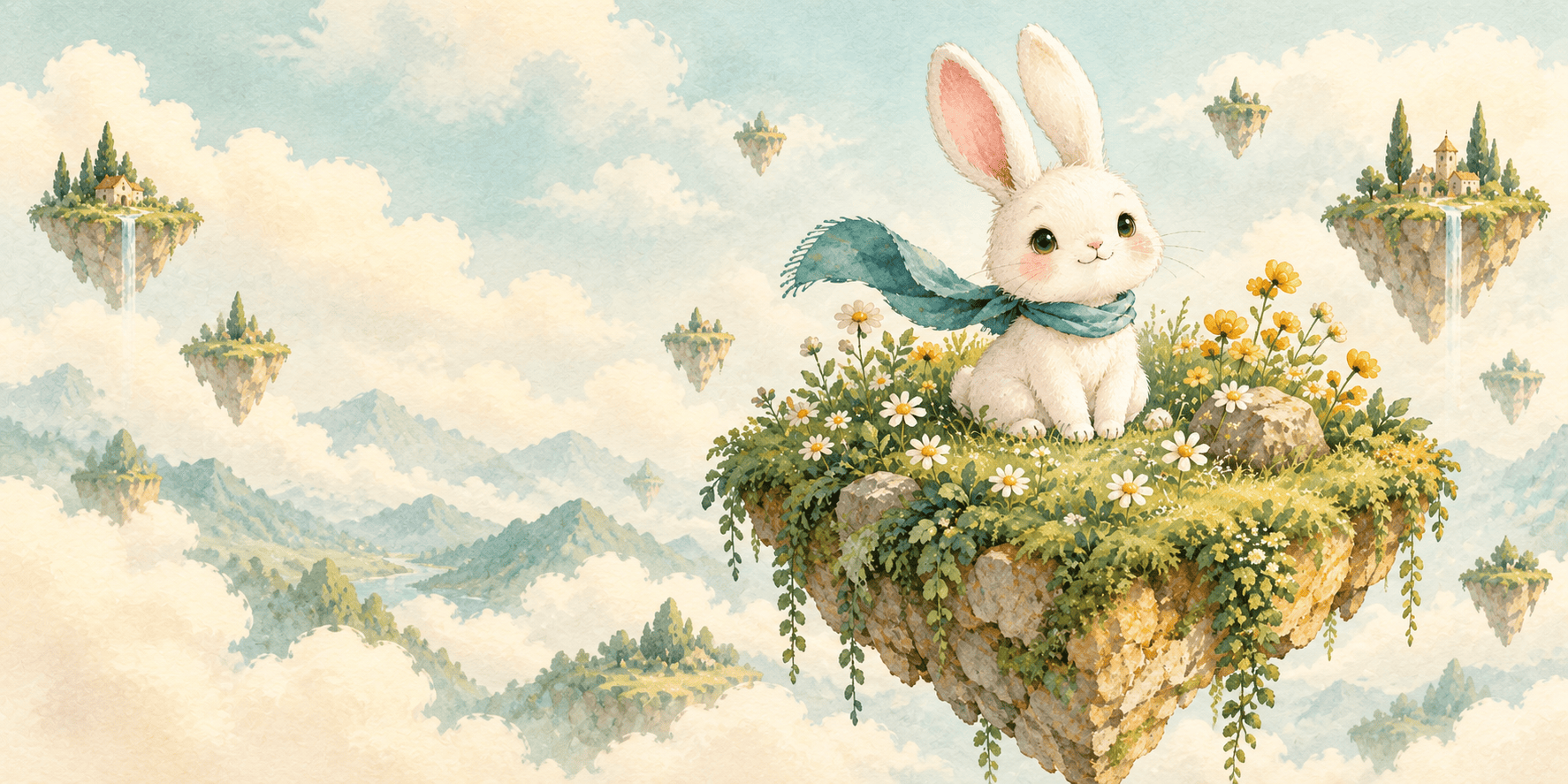 A scarf-wearing rabbit among meadow flowers on a floating island