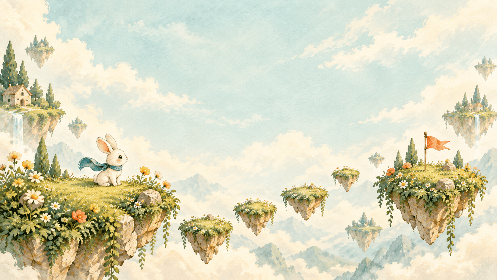A little scarf-wearing rabbit looks across floating flower islands toward an orange flag
