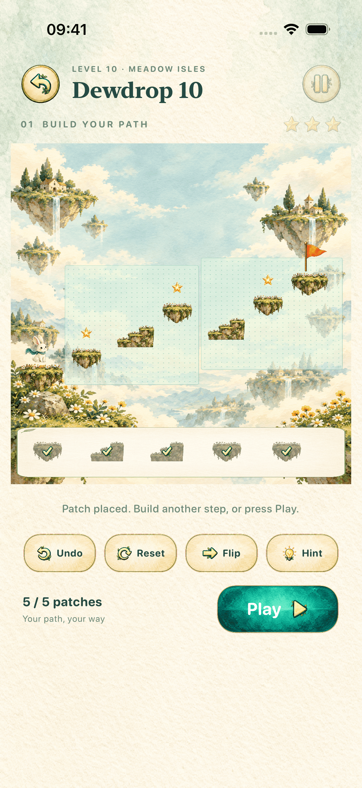 Level 10 with platforms and stairs connecting two dotted build areas