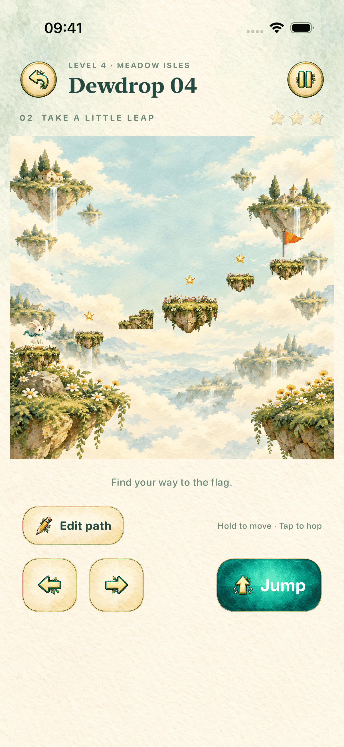 Level 4 in play mode with a built route toward the flag